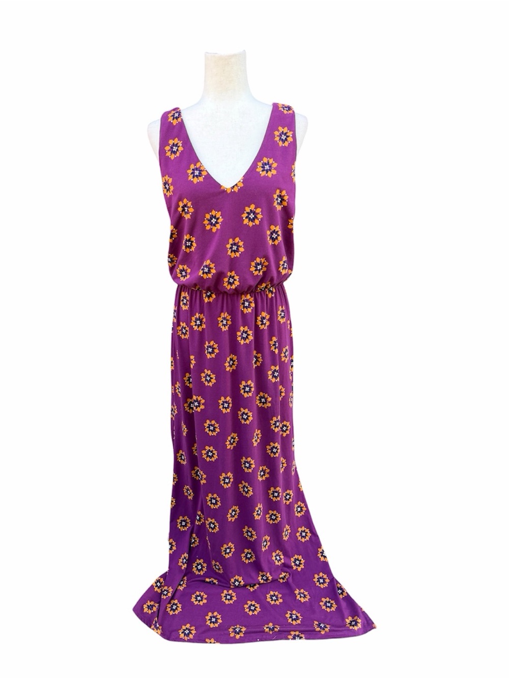 nine britton Purple geometric Floral V-Neck  tank Maxi Dress with Yellow Accents